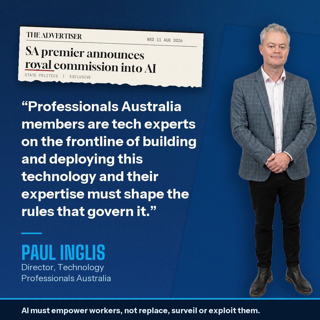 Professionals Australia graphic featuring Paul Inglis on professionals shaping the rules governing AI